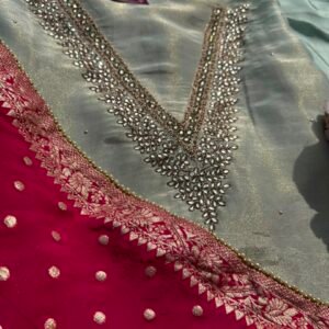 Seafoam Green Unstitched Suit with Festive Pink Banarsi Dupatta