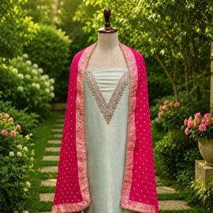 Seafoam Green Unstitched Suit with Festive Pink Banarsi Dupatta