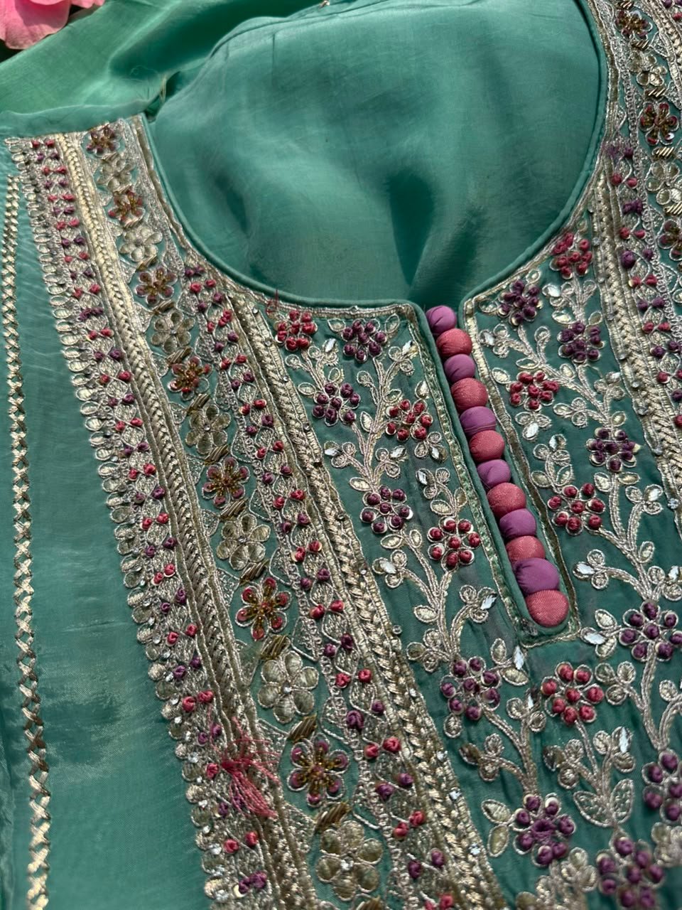 Pastel Turquoise unstitched suit with playful multicolour - Image 2