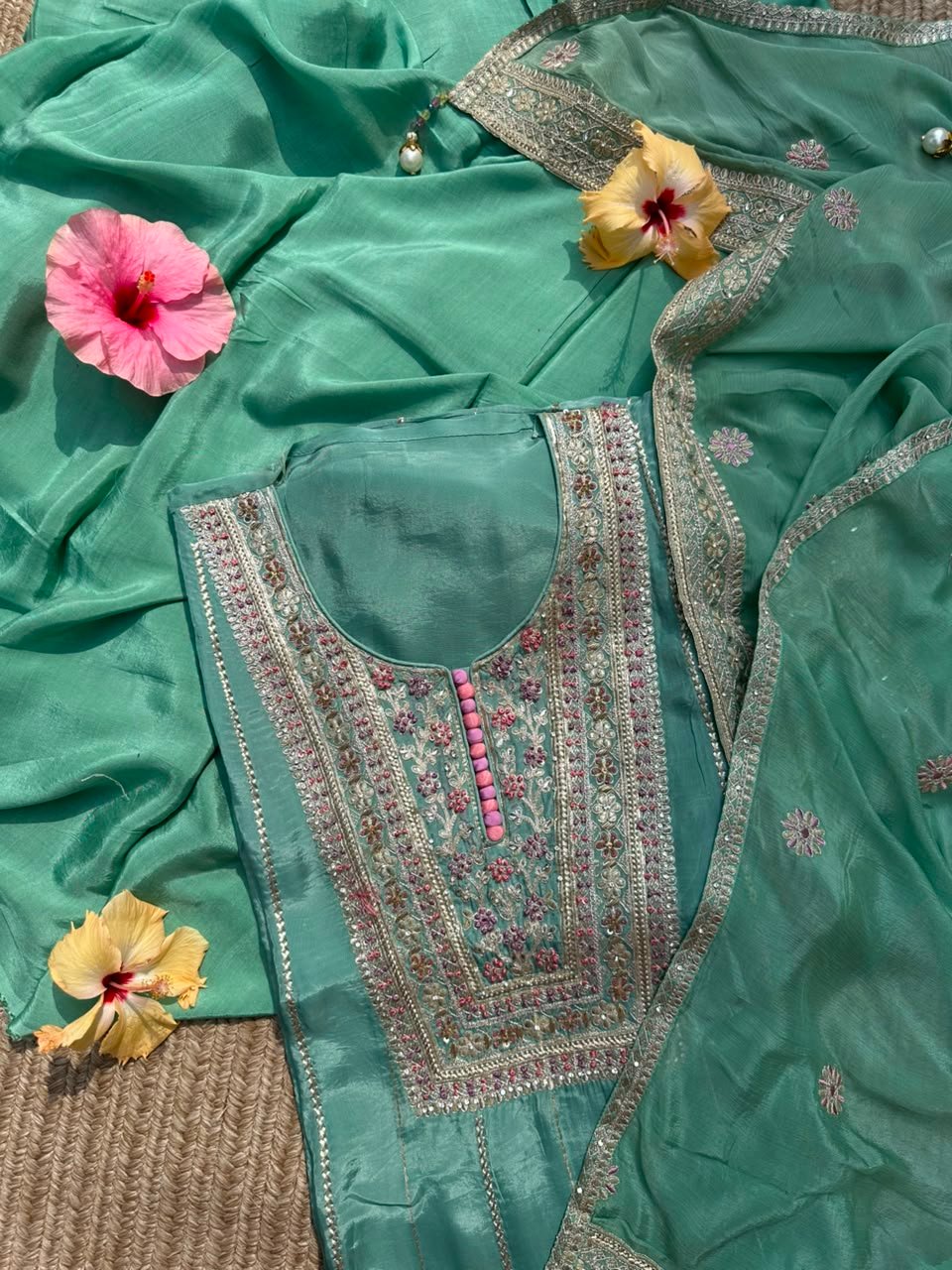 Pastel Turquoise unstitched suit with playful multicolour - Image 3