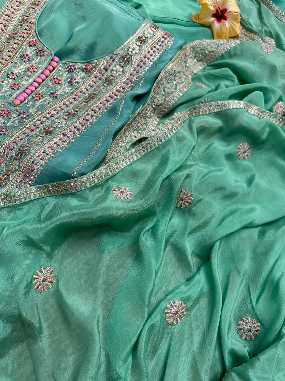 Pastel Turquoise unstitched suit with playful multicolour - Image 4