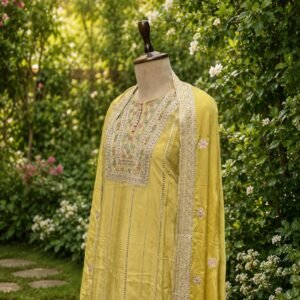 Soft olive green unstitched suit with playful multicolour