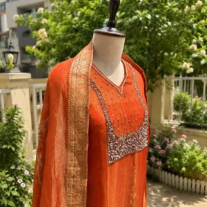 Rust Orange unstitched tissue suit with elegant neck line