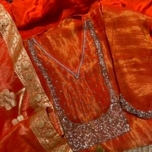 Rust Orange unstitched tissue suit with elegant neck line