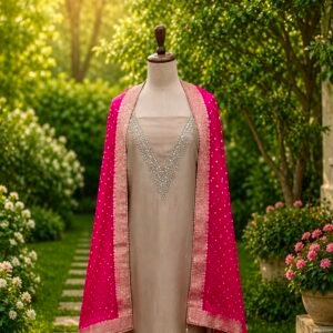 Blush Pink Unstitched Suit with Festive Pink Banarsi Dupatta