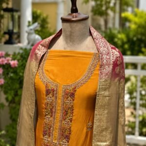 Mustard unstitched suit with Banarasi dupatta