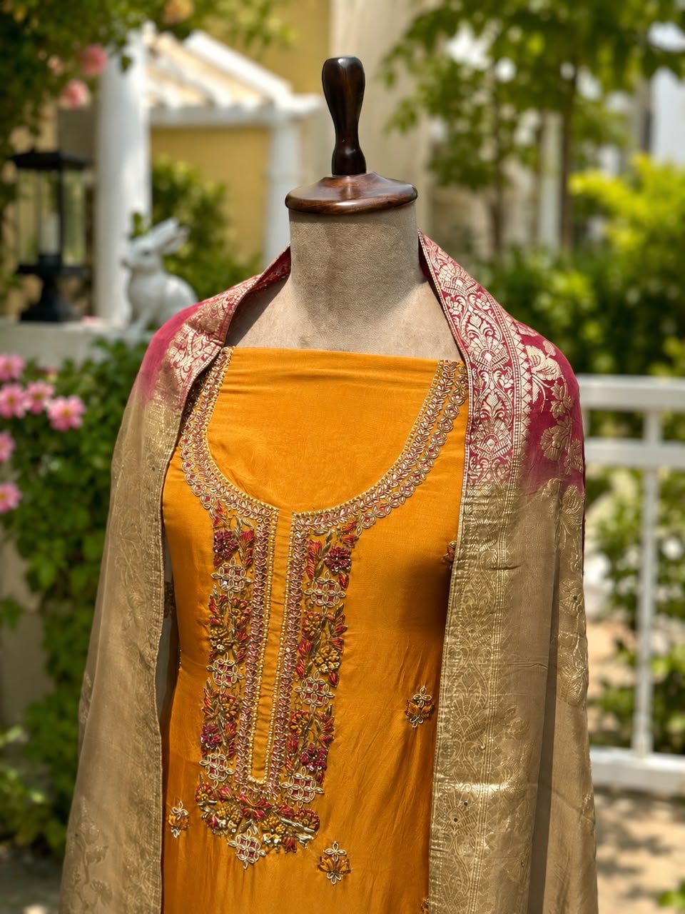 Mustard unstitched suit with Banarasi dupatta
