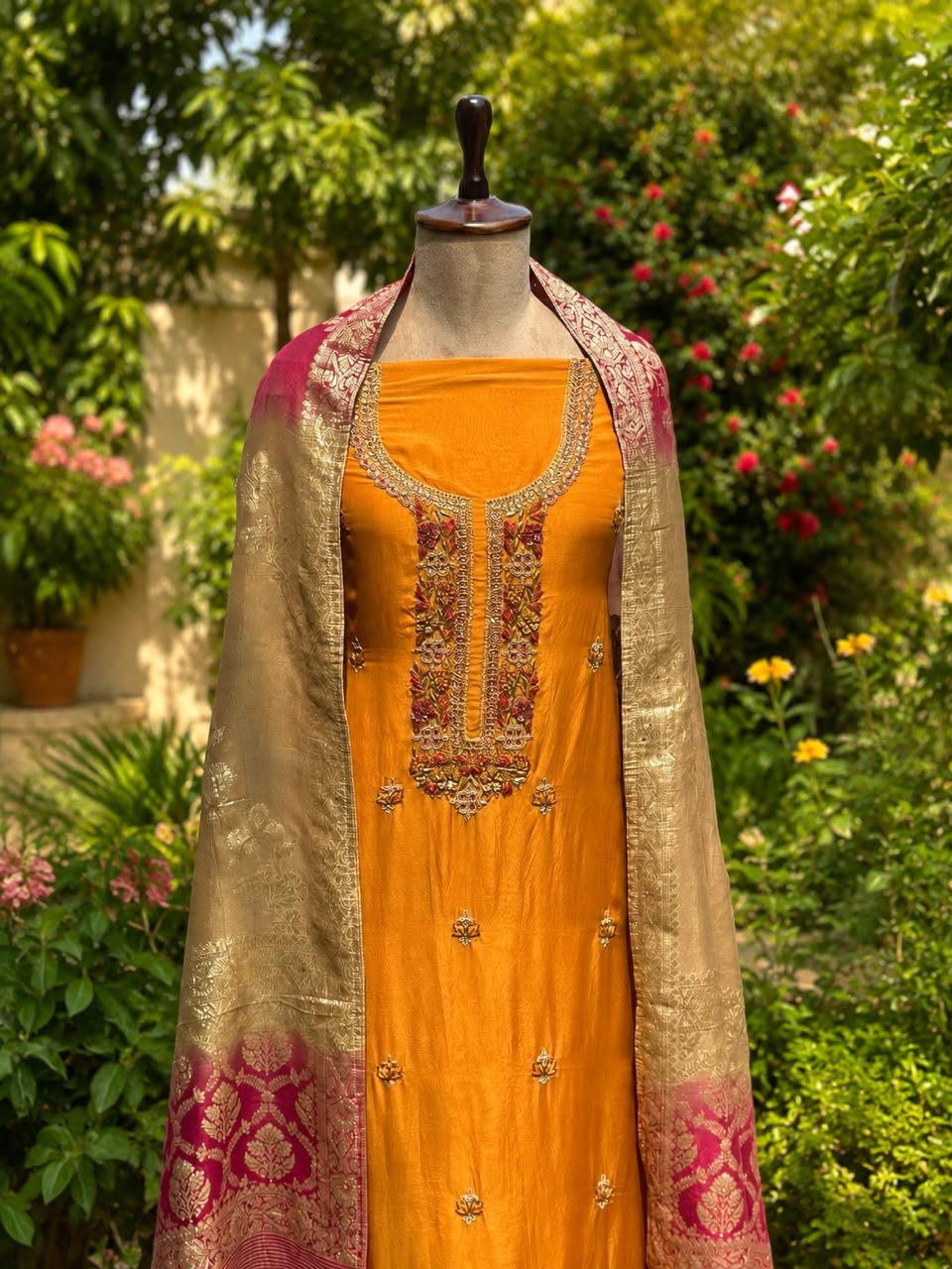 Mustard unstitched suit with Banarasi dupatta - Image 5
