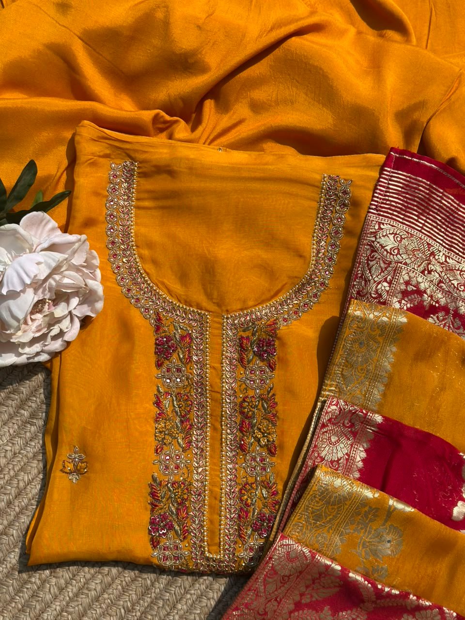 Mustard unstitched suit with Banarasi dupatta - Image 4