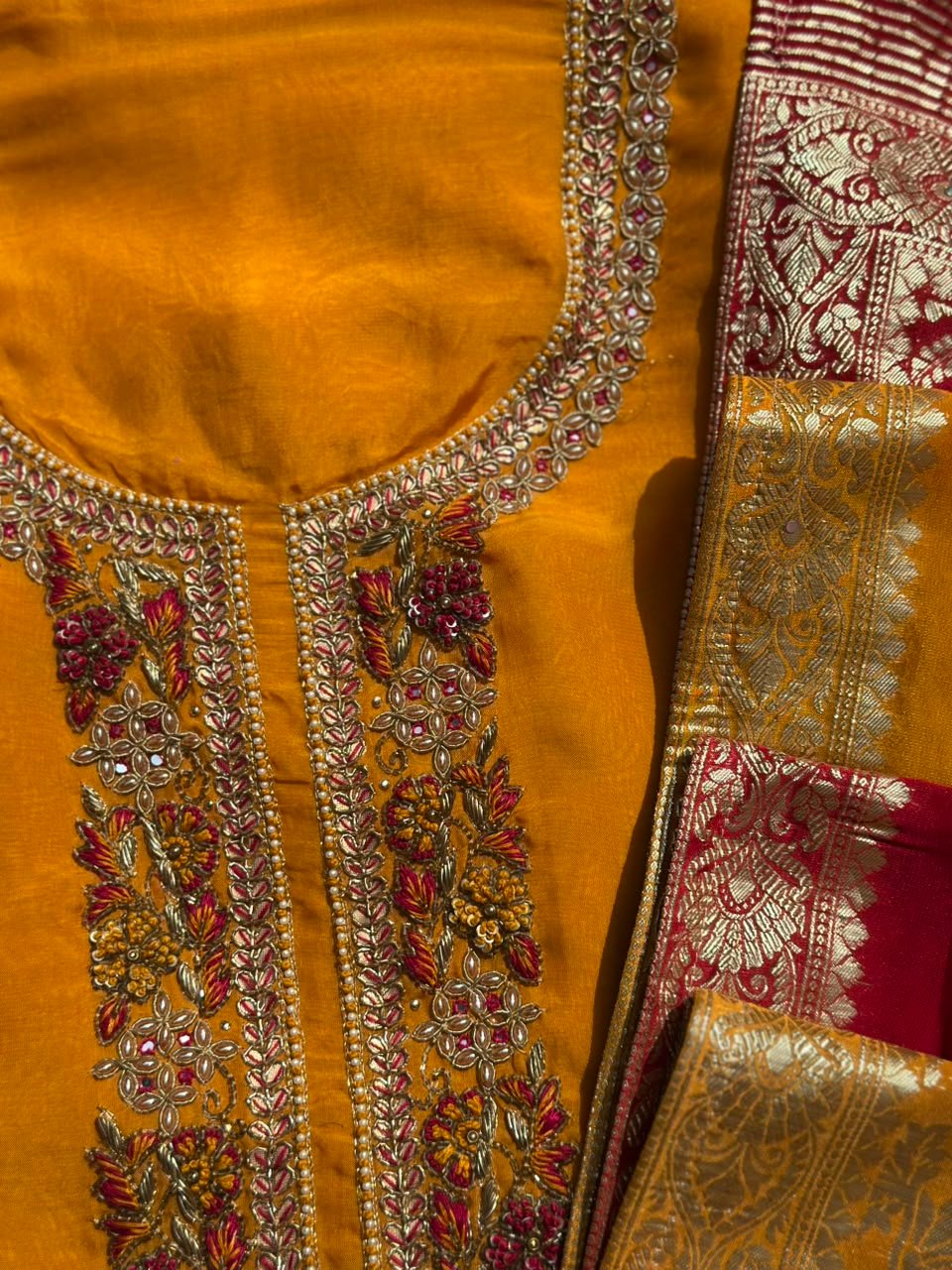 Mustard unstitched suit with Banarasi dupatta - Image 3