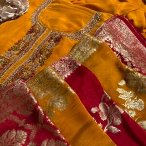 Mustard unstitched suit with Banarasi dupatta
