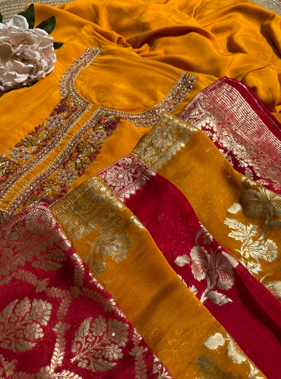 Mustard unstitched suit with Banarasi dupatta - Image 2