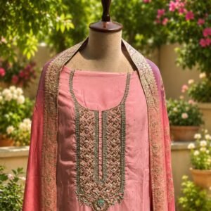Pink unstitched suit with Shaded Banarasi dupatta