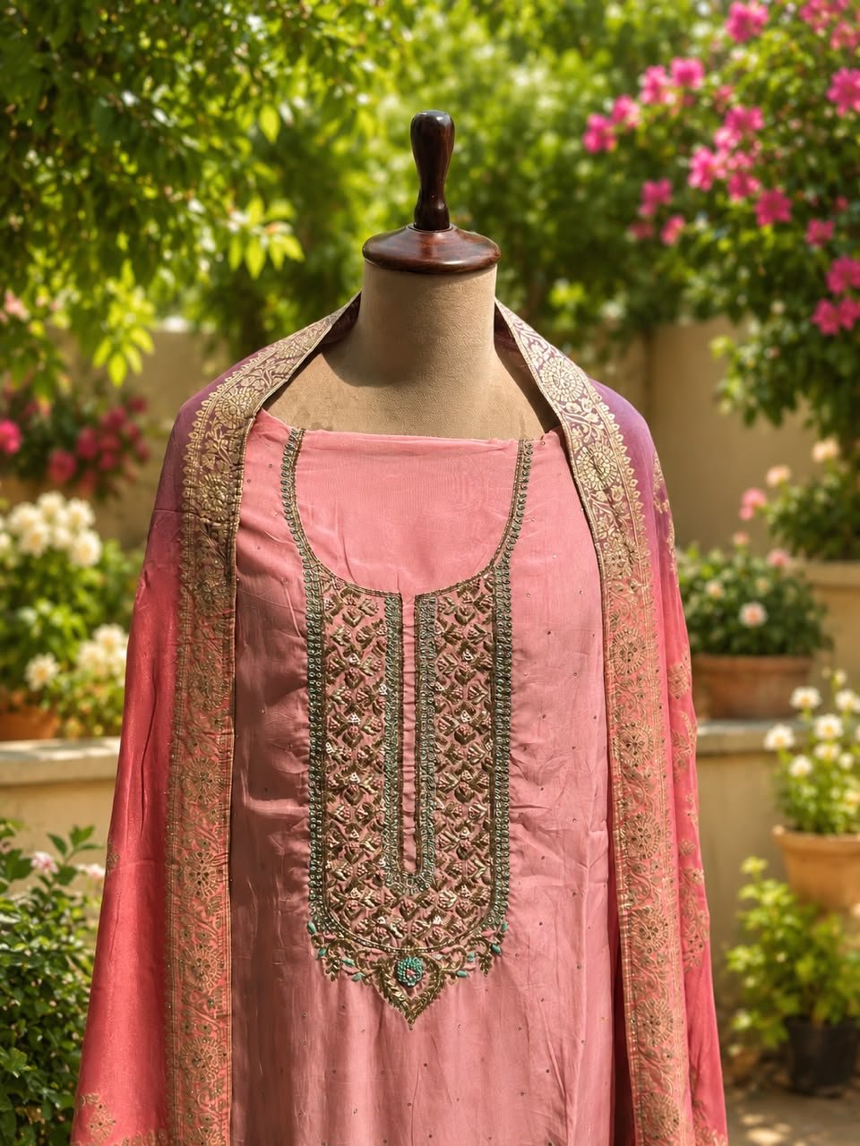 Pink unstitched suit with Shaded Banarasi dupatta