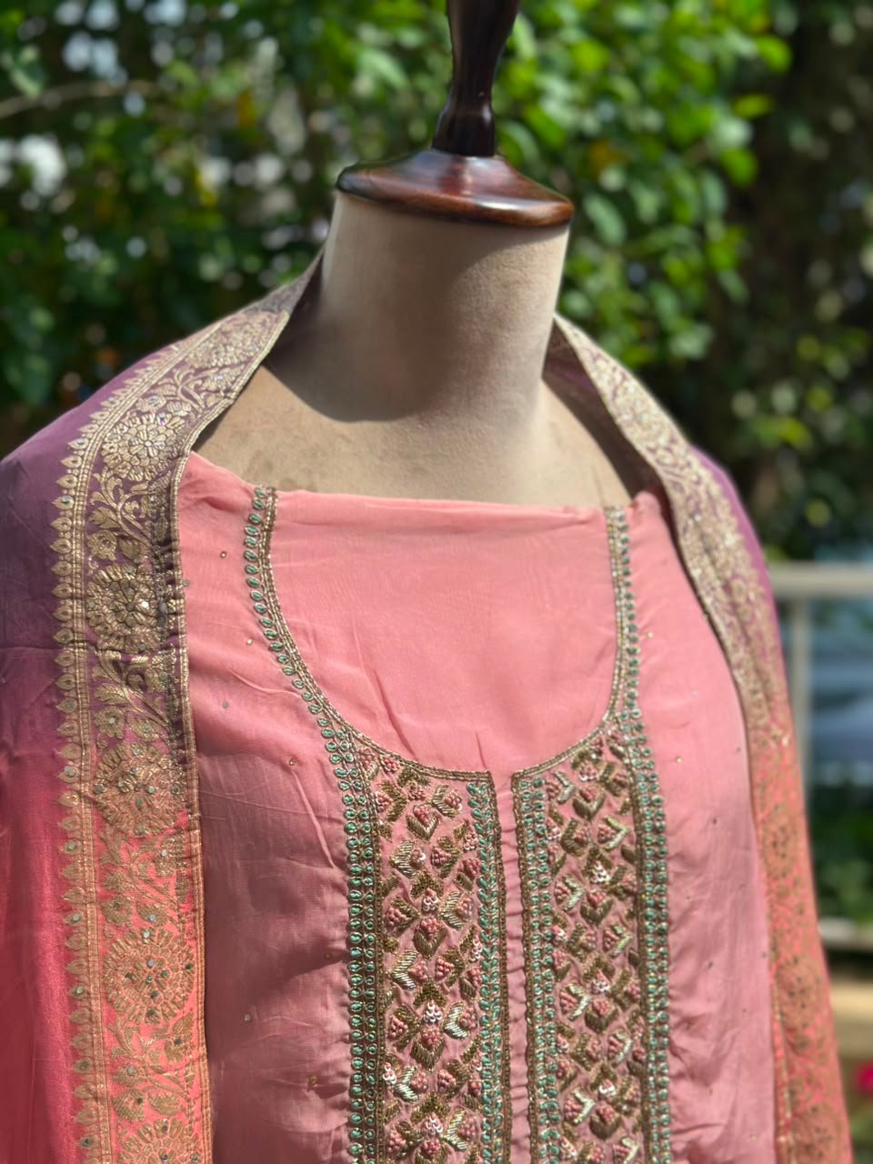 Pink unstitched suit with Shaded Banarasi dupatta - Image 4