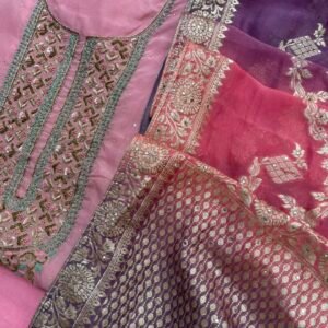 Pink unstitched suit with Shaded Banarasi dupatta