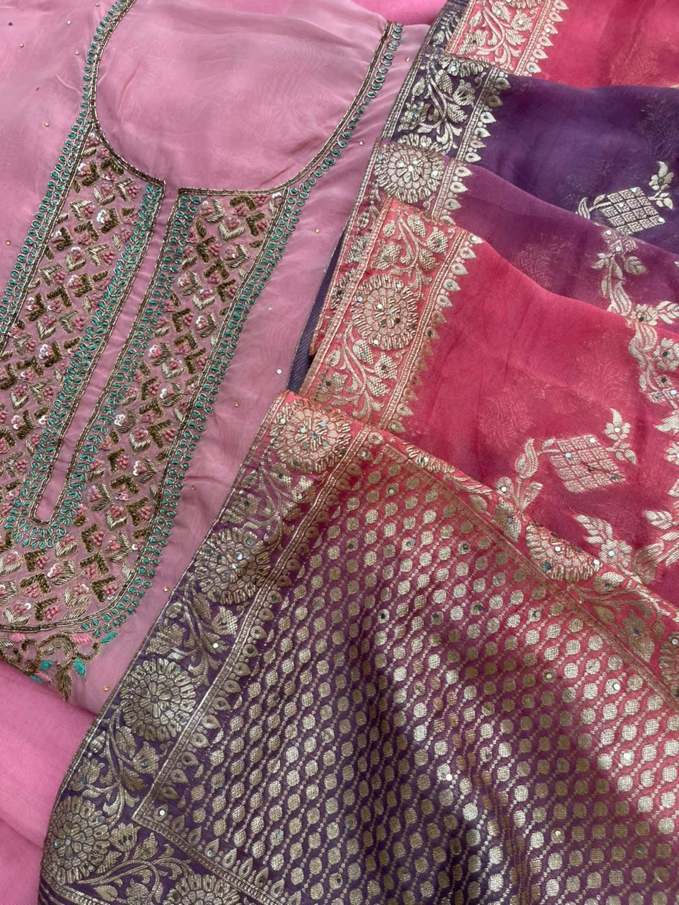 Pink unstitched suit with Shaded Banarasi dupatta - Image 2