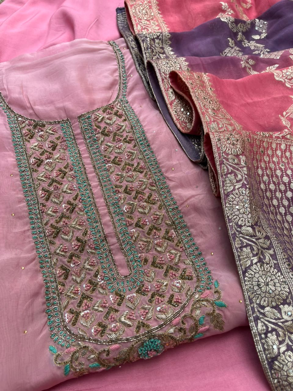 Pink unstitched suit with Shaded Banarasi dupatta - Image 3