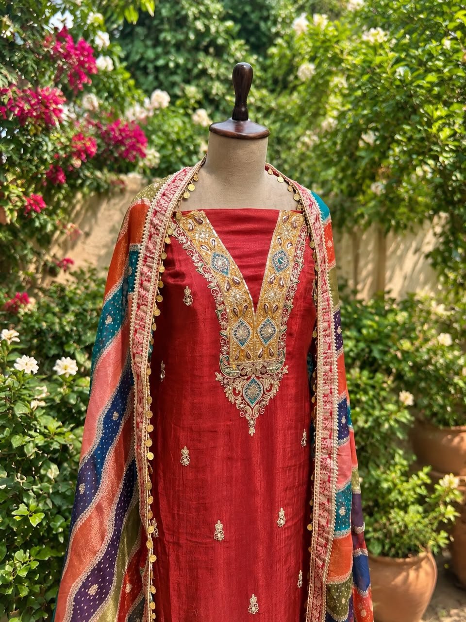 Maroon unstitched shimmer tissue suit with colourful embroidery paired with Banarsi dupatta
