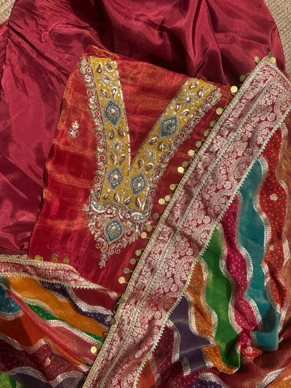 Maroon unstitched shimmer tissue suit with colourful embroidery paired with Banarsi dupatta - Image 3