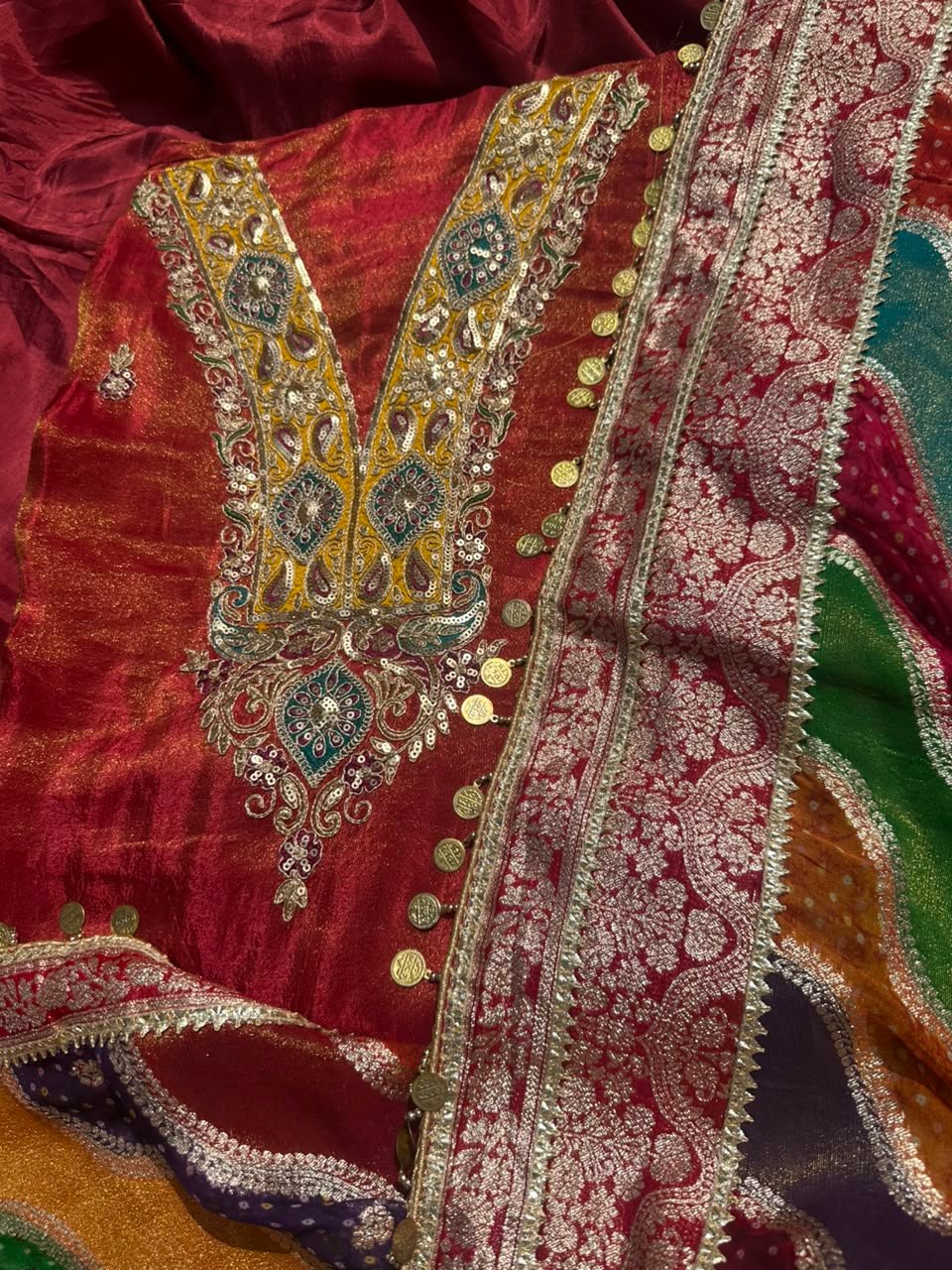 Maroon unstitched shimmer tissue suit with colourful embroidery paired with Banarsi dupatta - Image 4