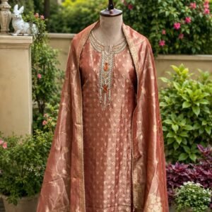 Dusty Rose unstitched shimmer organza suit with embroidered neck line paired with Banarsi dupatta