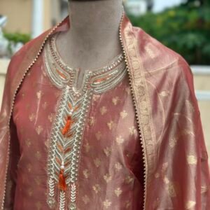 Dusty Rose unstitched shimmer organza suit with embroidered neck line paired with Banarsi dupatta