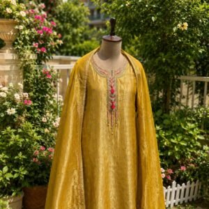 Muted Mustard Gold unstitched shimmer organza suit with embroidered neck line paired with Banarsi dupatta