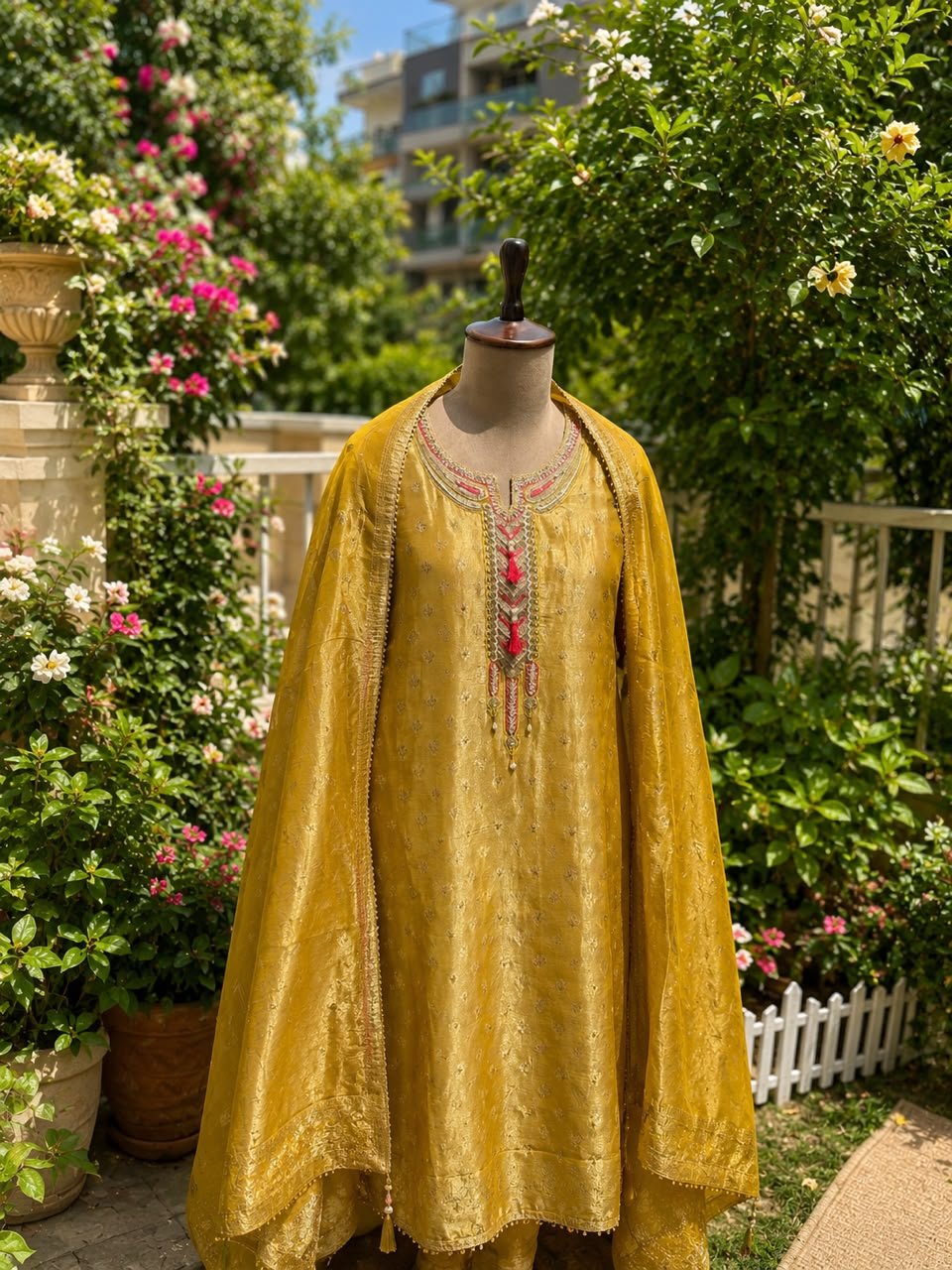 Muted Mustard Gold unstitched shimmer organza suit with embroidered neck line paired with Banarsi dupatta