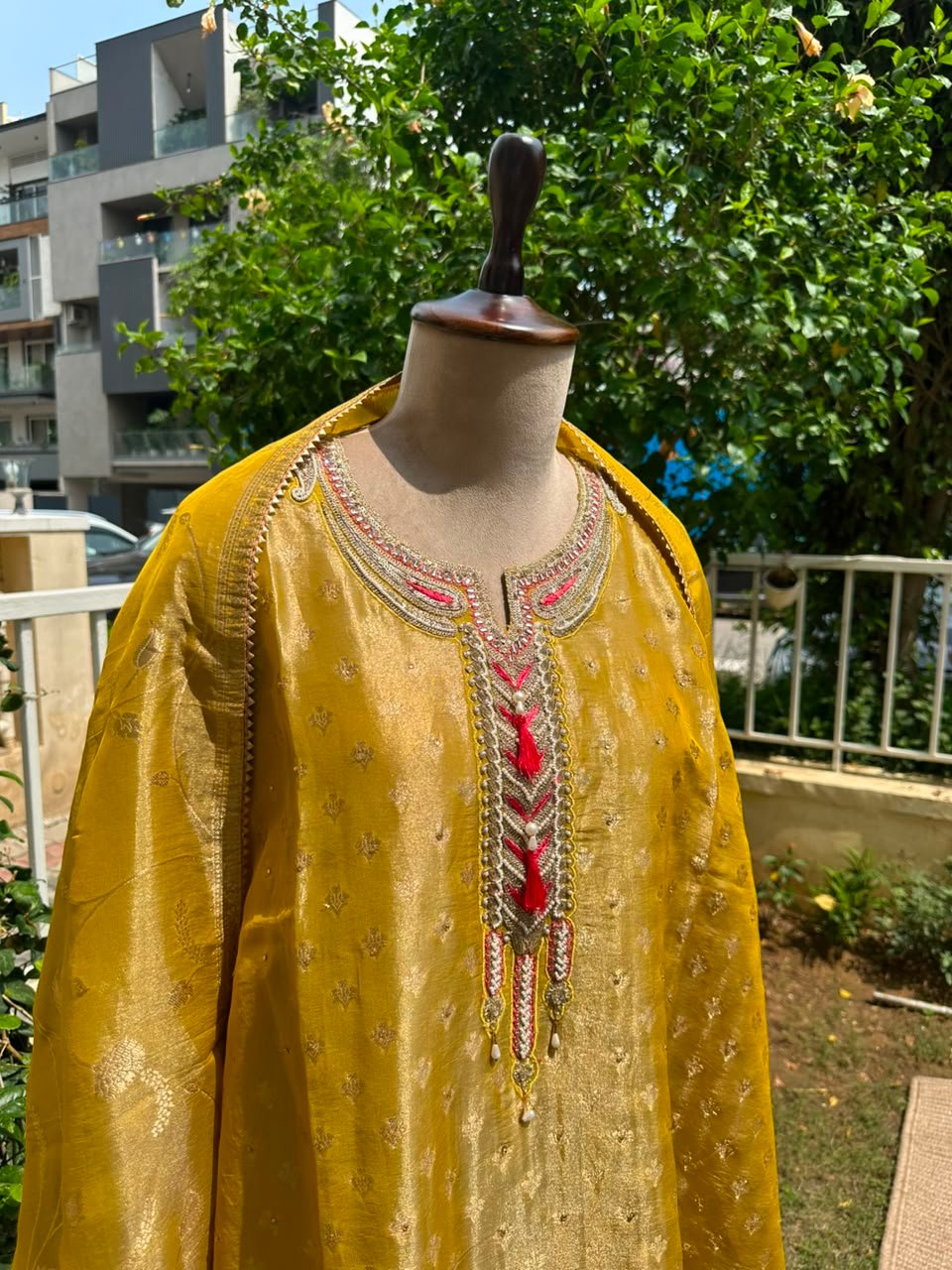 Muted Mustard Gold unstitched shimmer organza suit with embroidered neck line paired with Banarsi dupatta - Image 2