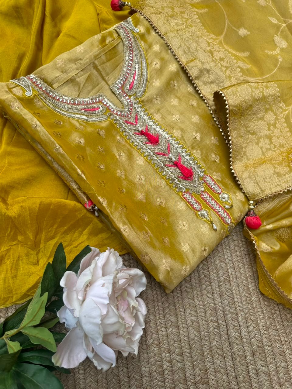 Muted Mustard Gold unstitched shimmer organza suit with embroidered neck line paired with Banarsi dupatta - Image 3
