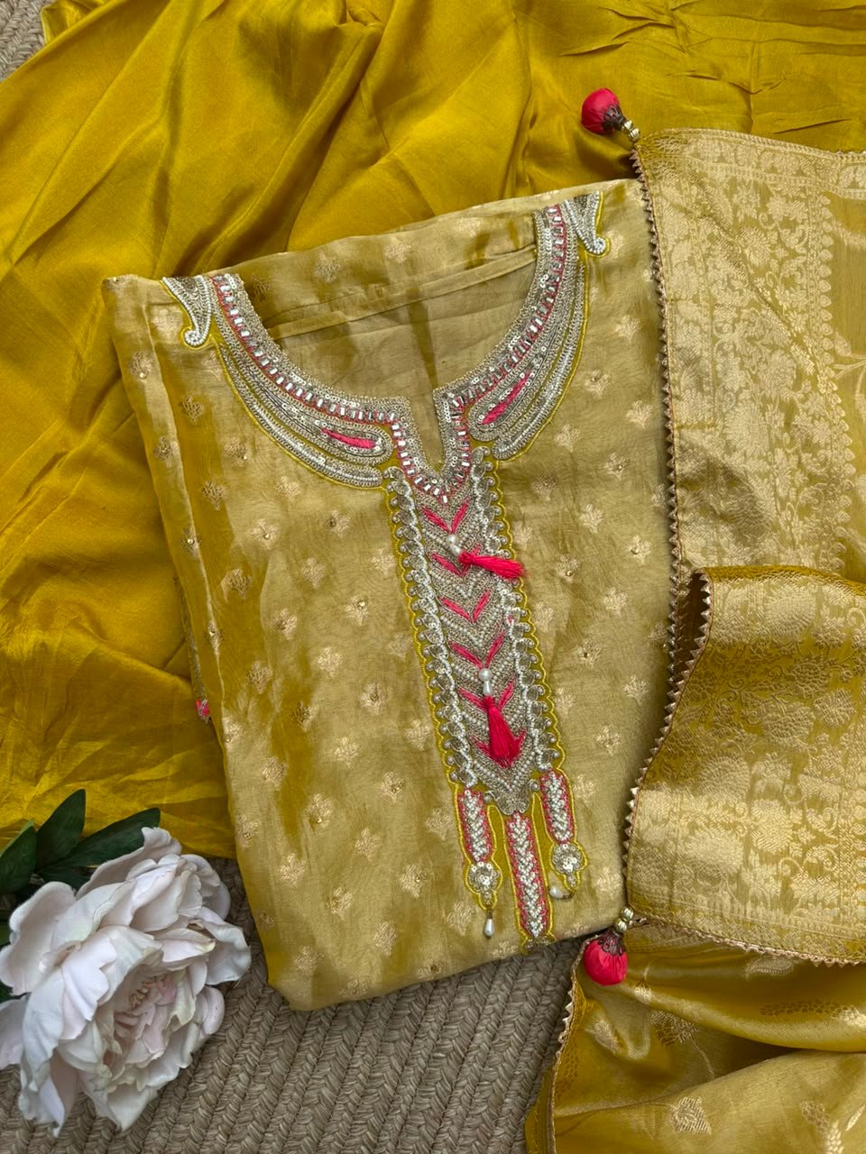 Muted Mustard Gold unstitched shimmer organza suit with embroidered neck line paired with Banarsi dupatta - Image 4