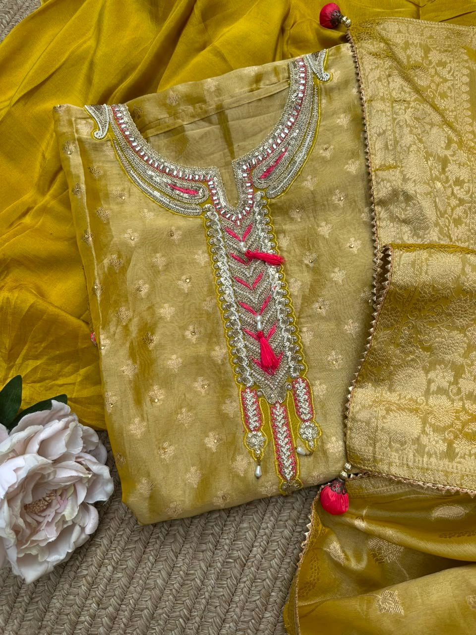 Muted Mustard Gold unstitched shimmer organza suit with embroidered neck line paired with Banarsi dupatta - Image 5