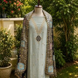 Powder Blue silk tissue unstitched suit with zari embroidery paired with Banarsi dupatta