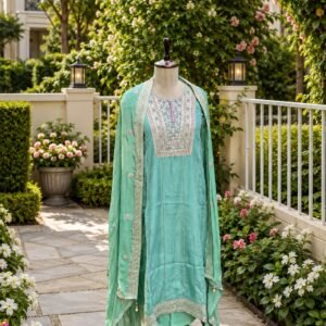 Pastel Turquoise unstitched suit with playful multicolour