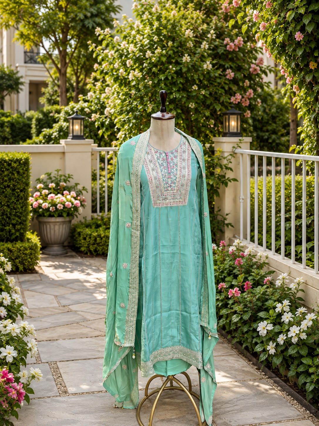 Pastel Turquoise unstitched suit with playful multicolour
